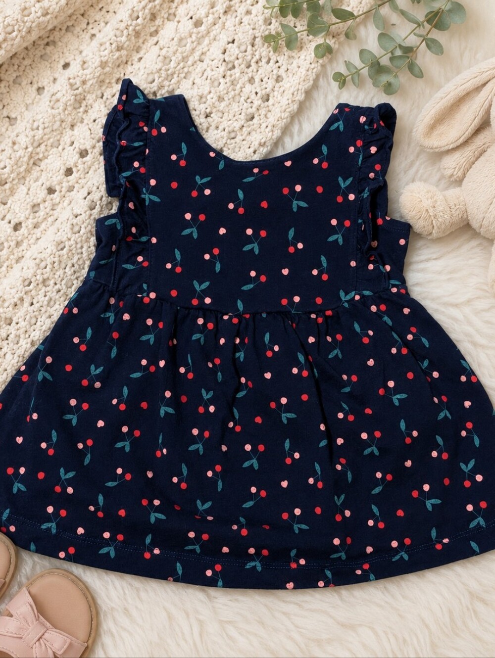 Carter’s Cherry Print Flutter Sleeve Dress 6M | Navy Baby Girl Dress 🍒